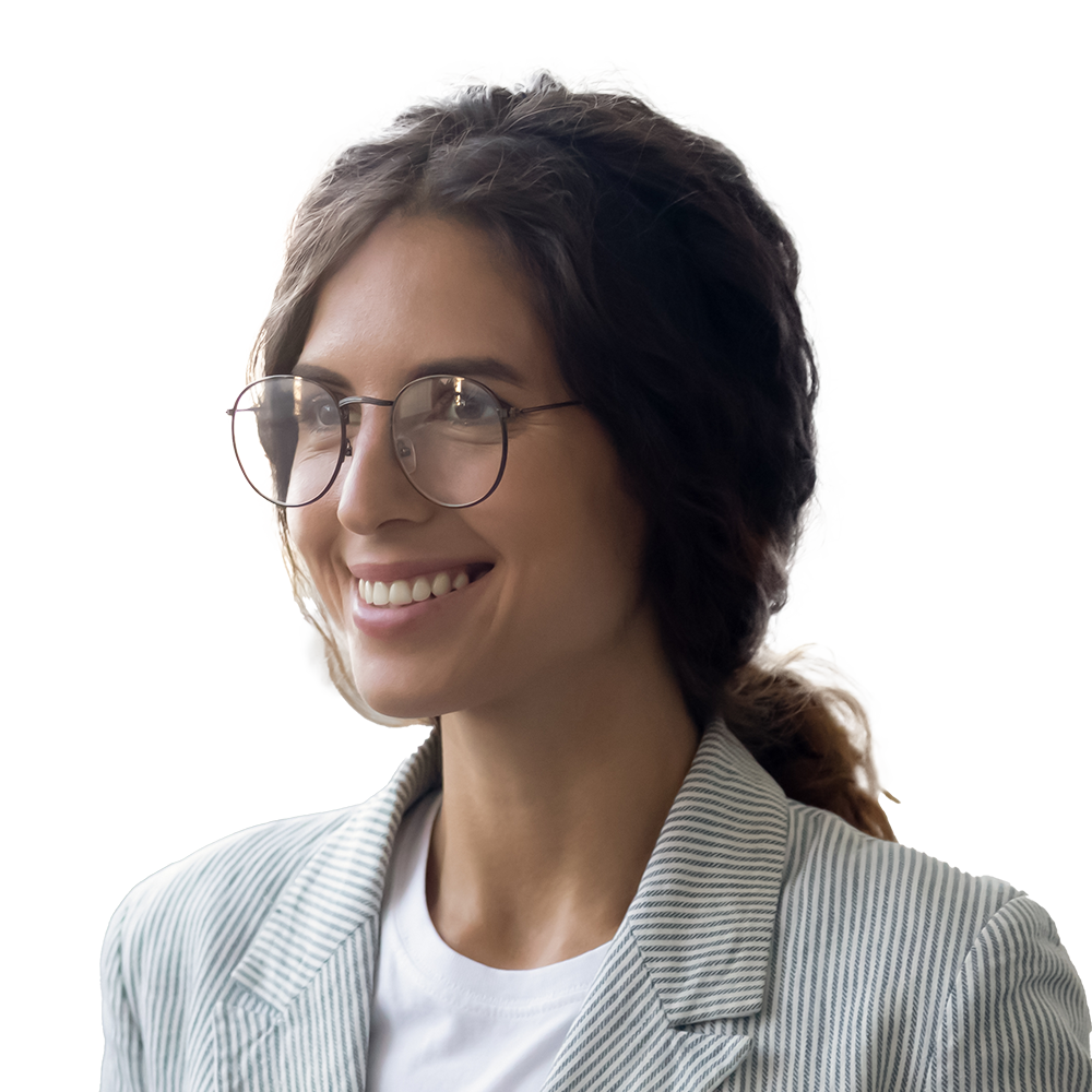 Woman with tied back hair and glasses smiling